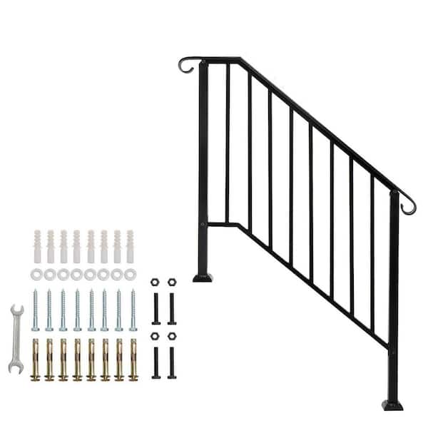 3-4 Step Black Wrought Iron Handrail Kit for Outdoor Steps Concrete Steps and Wooden Stairs (1-Pack)