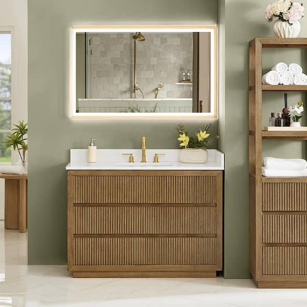 Navan 48 in. Single Freestanding Weathered Brown Bath Vanity with Grain White Engineered Stone Top Assembled