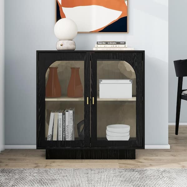 Tileon Storage Cabinet with Glass Door for Living Room, Dining Room, Study in Black, Pantry Organizer
