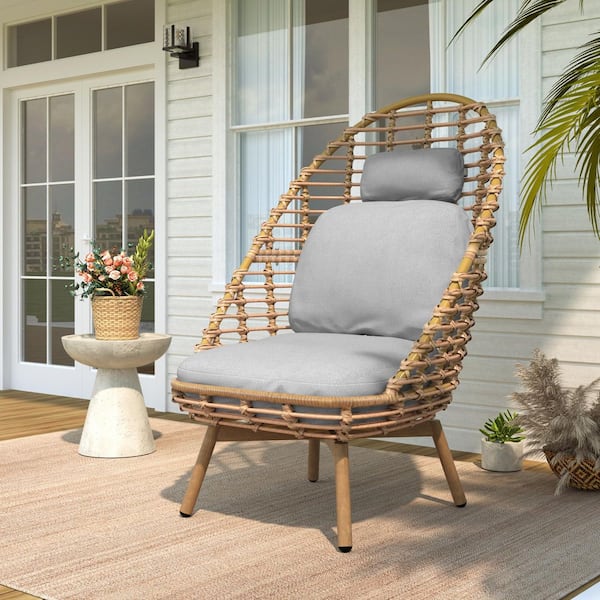 CHRISTOPHER KNIGHT HOME Ellis Patio Faux Rattan and Metal High-back Swivel Outdoor Lounge Chair with Beige Cushions, Teak and Light Brown