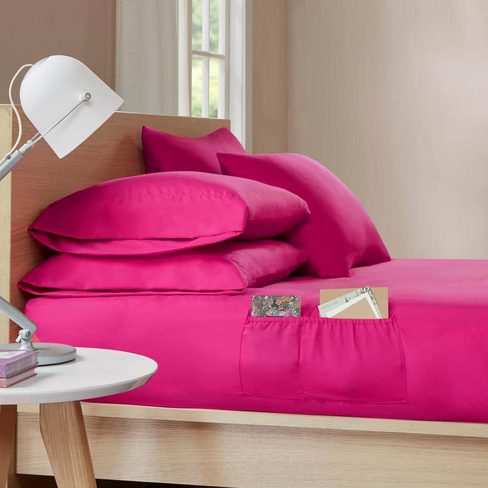 Twin Pink Microfiber Sheet Set with Side Pockets