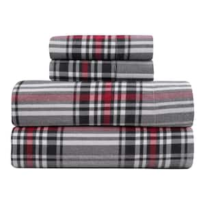 4-Piece Crimson Check 100% Turkish Cotton Flannel Queen Sheet Set