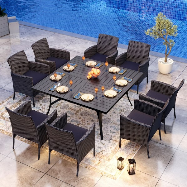 PHI VILLA Black 9-Piece Metal Patio Outdoor Dining Set with Slat Square Table and Rattan Chairs with Blue Cushion