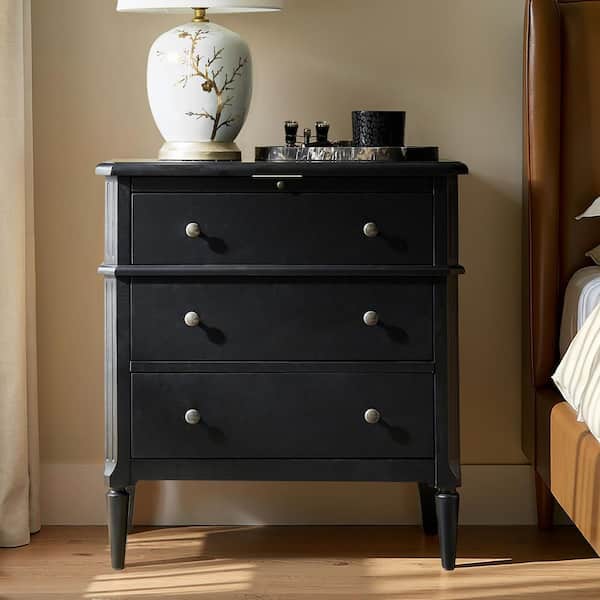 Fabien Black 3-Drawer 28 in. W Nightstand with Solid Wood Legs