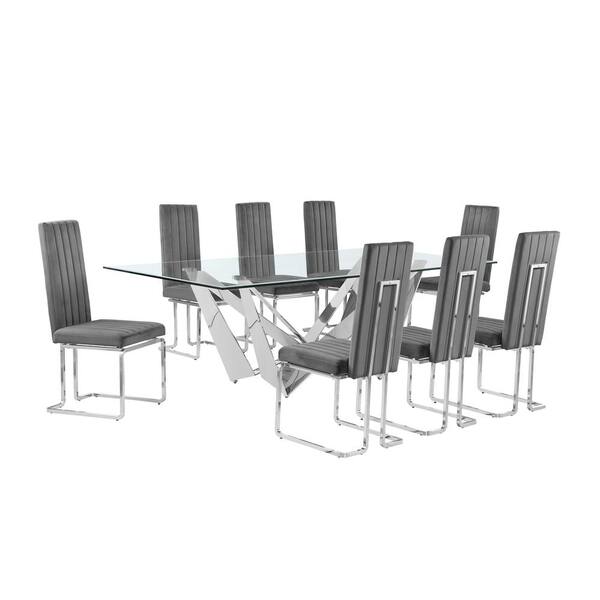 Best Quality Furniture Meryl 9Piece Rectangular Glass Top Stainless