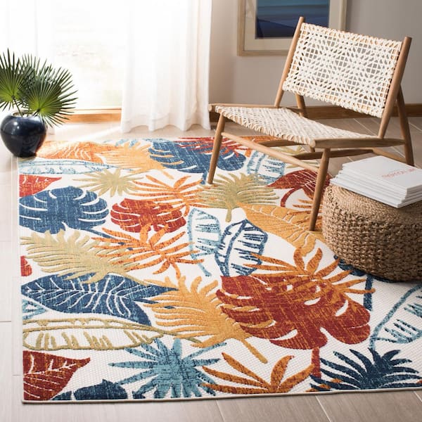 Cabana Cream/Red 4 ft. x 4 ft. Geometric Leaf Indoor/Outdoor Patio  Square Area Rug