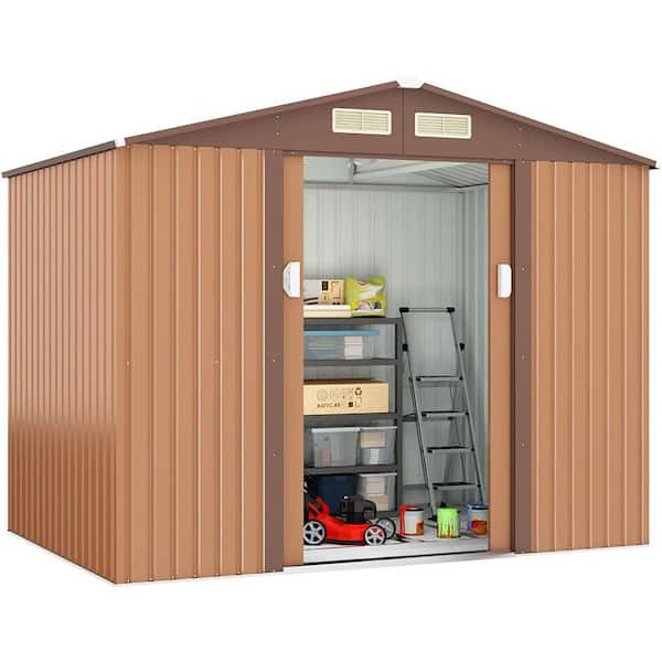 JAXPETY 9.1 ft. W x 6.3 ft. D Outdoor Storage Metal Shed Building Garden Tool Shed with Floor Frame, Coffee (57.33 sq. ft.)