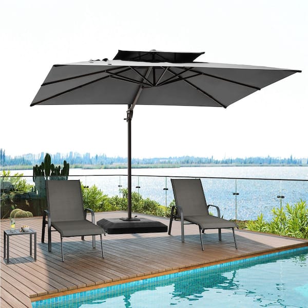 10.5 ft. x 9 ft. 2-Tier Top Crank-Control 360° Rotation Aluminum Cantilever Tilt Patio Umbrella in Gray with Base