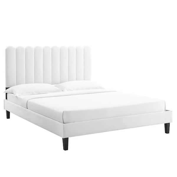 MODWAY Reagan in White Performance Velvet Frame Queen Platform Bed