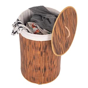 Round Foldable Bamboo Laundry Hamper with Lid and Handles for Easy Carrying