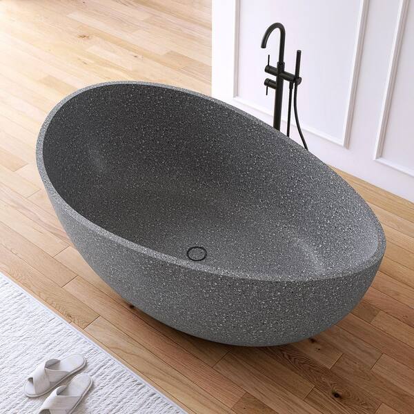 65 in. x 39 in. Wave Stone Terrazzo Stone Solid Surface Flatbottom Freestanding Soaking Bathtub in Gray