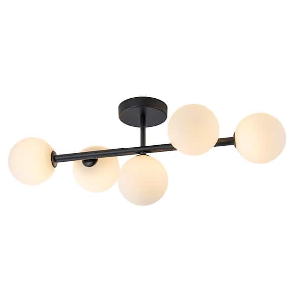 Lucie 26.38 in. 5-Light Black Modern Linear Semi-Flush Mount Ceiling Light with Globe Glass Shades