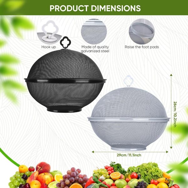11.1 in. x 10.2 in. Metal Mesh Fruit Bowl with Lid and Basket for Kitchen Counter Storage, Black (2-Pack)