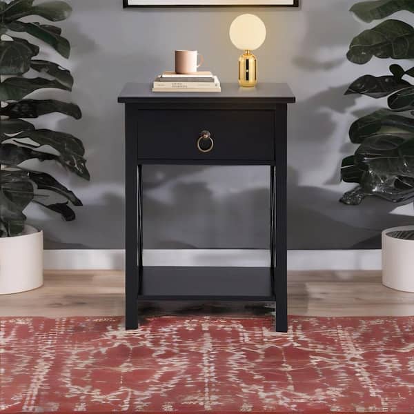 HOMESTOCK Black Night Stand Bedside Table with Drawer Wooden Side Tables Bedroom Night Stand 21.6 in. H x 12 in. W x 16 in. D