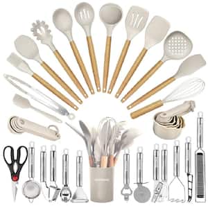 35-Piece Wooden Handle Nonstick Silicon Kitchen Utensils Cookware Set with Grater, Tongs, Spoon Spatula & Turner, Khaki