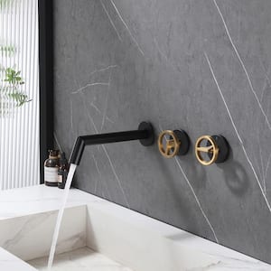 Industrial Double Handle Wall Mounted Bathroom Sink Faucet in Matte Black