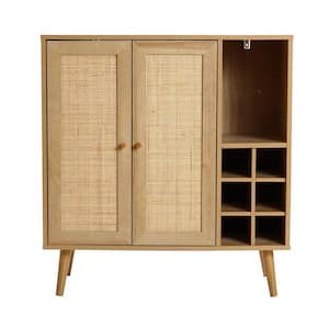 Light Oak 34.84 in. 2-Door Rattan Wood Wine Cabinet with Additional Storage