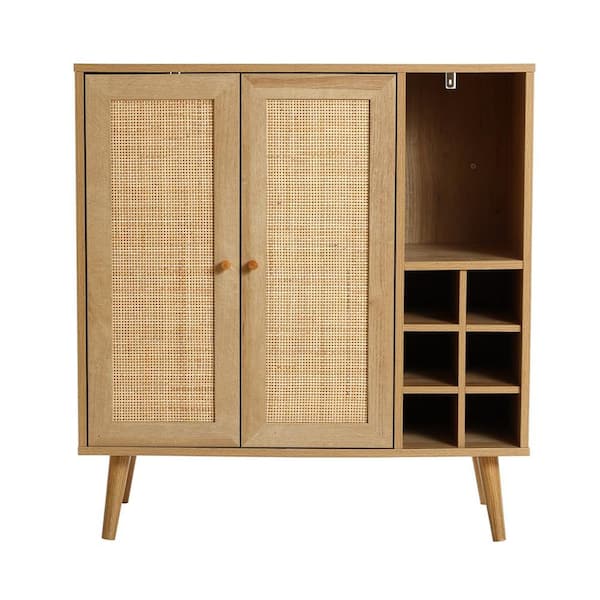 LuxenHome Light Oak 34.84 in. 2-Door Rattan Wood Wine Cabinet with Additional Storage