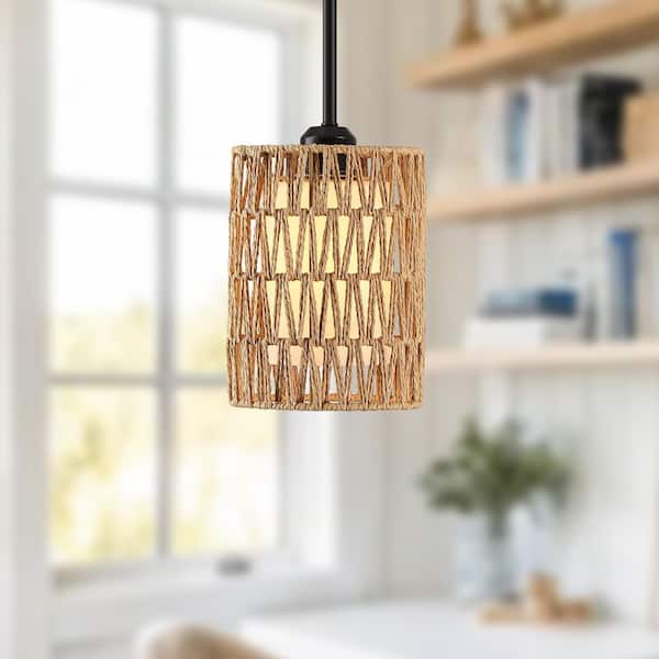 BOHO 6 in. 1-Light Mini Black Pendant Light with Rope Shade for Boho Costal Bedroom Dining Room and Kitchen Island