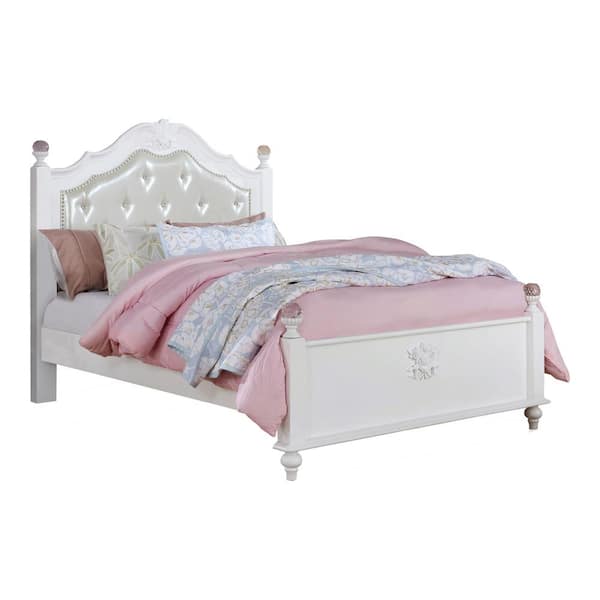Fritza White Wood Full Youth Bed With Nailhead Trim Padded Headboard