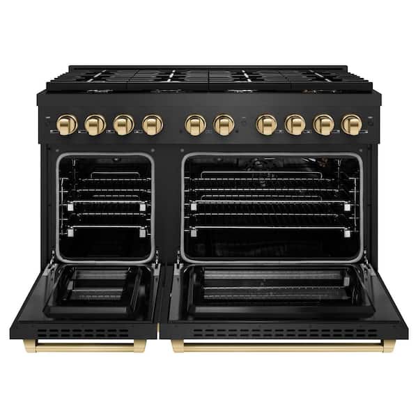 48 in. 6.7 cu. ft. Paramount Double Oven Gas Range in Black Satin Stainless Steel with 8 Brass Burners