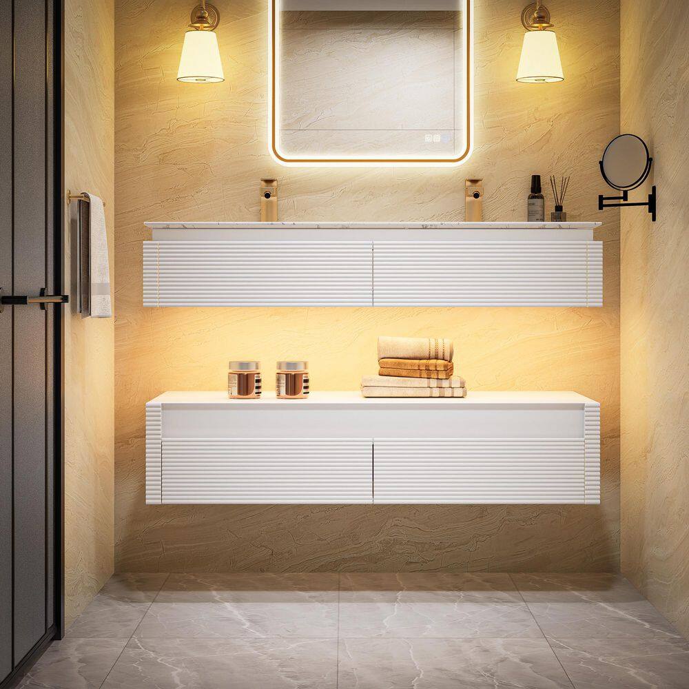 MarbleLux 48 in. W x 20.8 in. D x 21.2 in. H Wall Mounted 2 Set Bath Vanity with Double Sink in White with Marble Top price history on PriceWatchPro