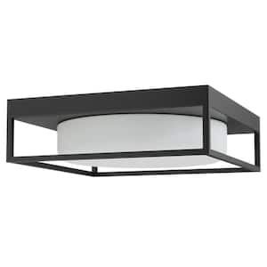 13 in. 2-Light Industrial Black Flush Mount Farmhouse Close to Ceiling Light Fixture with White Glass Shade