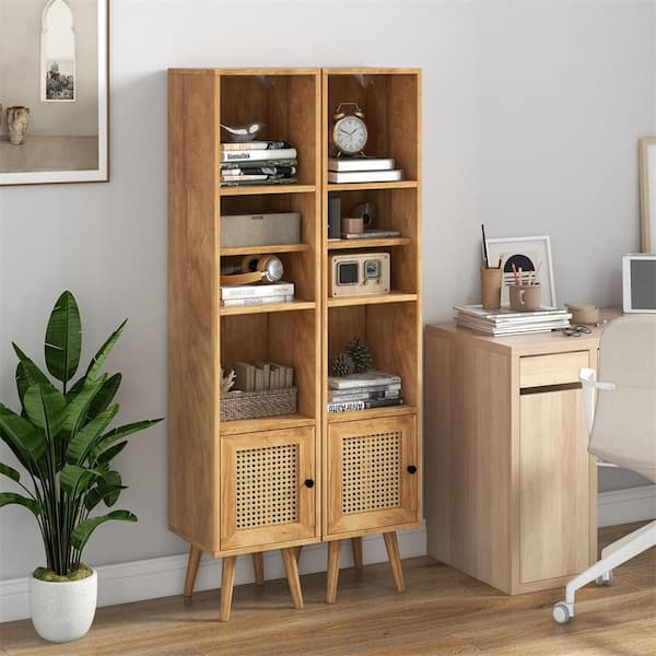 HONEY JOY Natural 54 in. Slim Tall Rattan Storage Cabinet Boho Accent Bookshelf with 12-Shelves Adjustable and Solid Wood Legs