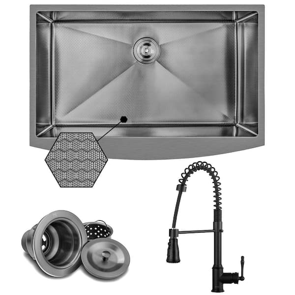 HEX 33 in. Farmhouse Apron Front Single Bowl Gunmetal Black Stainless Steel Kitchen Sink with Faucet
