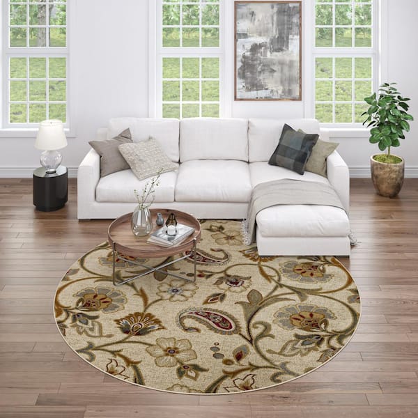 Impressions Floral Beige 8 ft. Round Indoor Area Rug