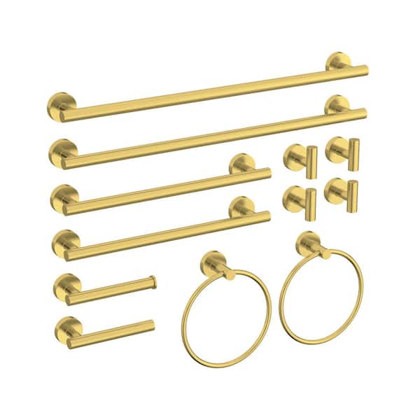 12-Piece Bath Hardware Set with Towel Ring Toilet Paper Holder Towel Hook Towel Bar Included Wall Mount in Brushed Gold