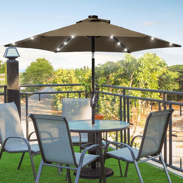 Sonkuki 7.5 ft. Solar Lighted LED Patio Market Crank and Tilt Umbrellas, Table Umbrellas, UV-Resistant Canopy in Taupe