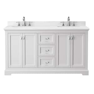 Aphrodite 60 in. W x 22 in. D x 33 in. H Freestanding Bath Vanity in White with White Marble Top and Double Sink