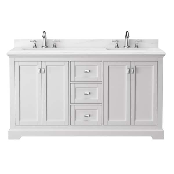 HBEZON Aphrodite 60 in. W x 22 in. D x 33 in. H Freestanding Bath Vanity in White with White Marble Top and Double Sink