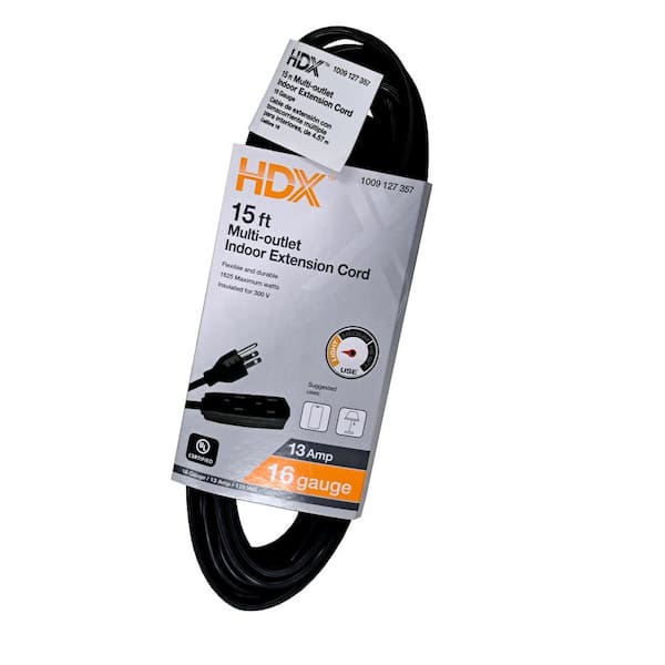 15 ft. 16/3 Light Duty Indoor Multi-Outlet Extension Cord with Banana Tap, Black