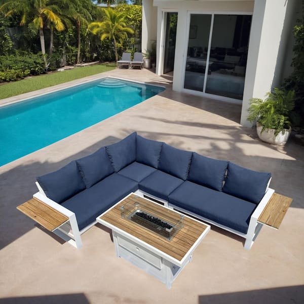 HiGreen Outdoor Denver 5-Piece Aluminum Outdoor Patio Fire Pit Deep Sectional Seating Set with Spectrum Indigo Acrylic Cushions