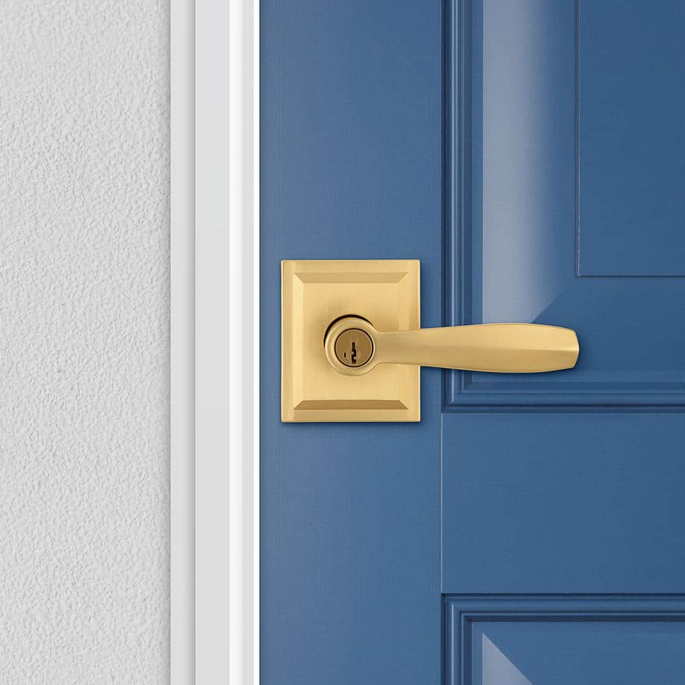 Satin Brass Square Backplate Keyed Entry Door Lever