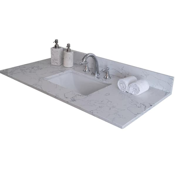INSTER 37 in. W x 22 in. D Stone Bathroom Vanity Top in Carrara Jade with White Rectangle Single