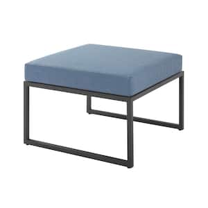Metal Modern Outdoor Patio Ottoman with Blue Cushion