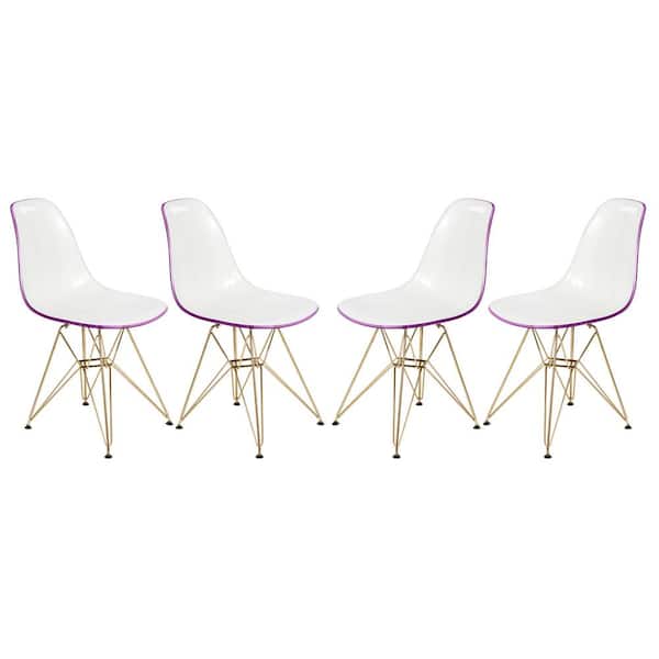 Leisuremod Cresco Modern Plastic Molded Dining Side Chair with Eiffel Gold White Purple Legs (Set of 4)