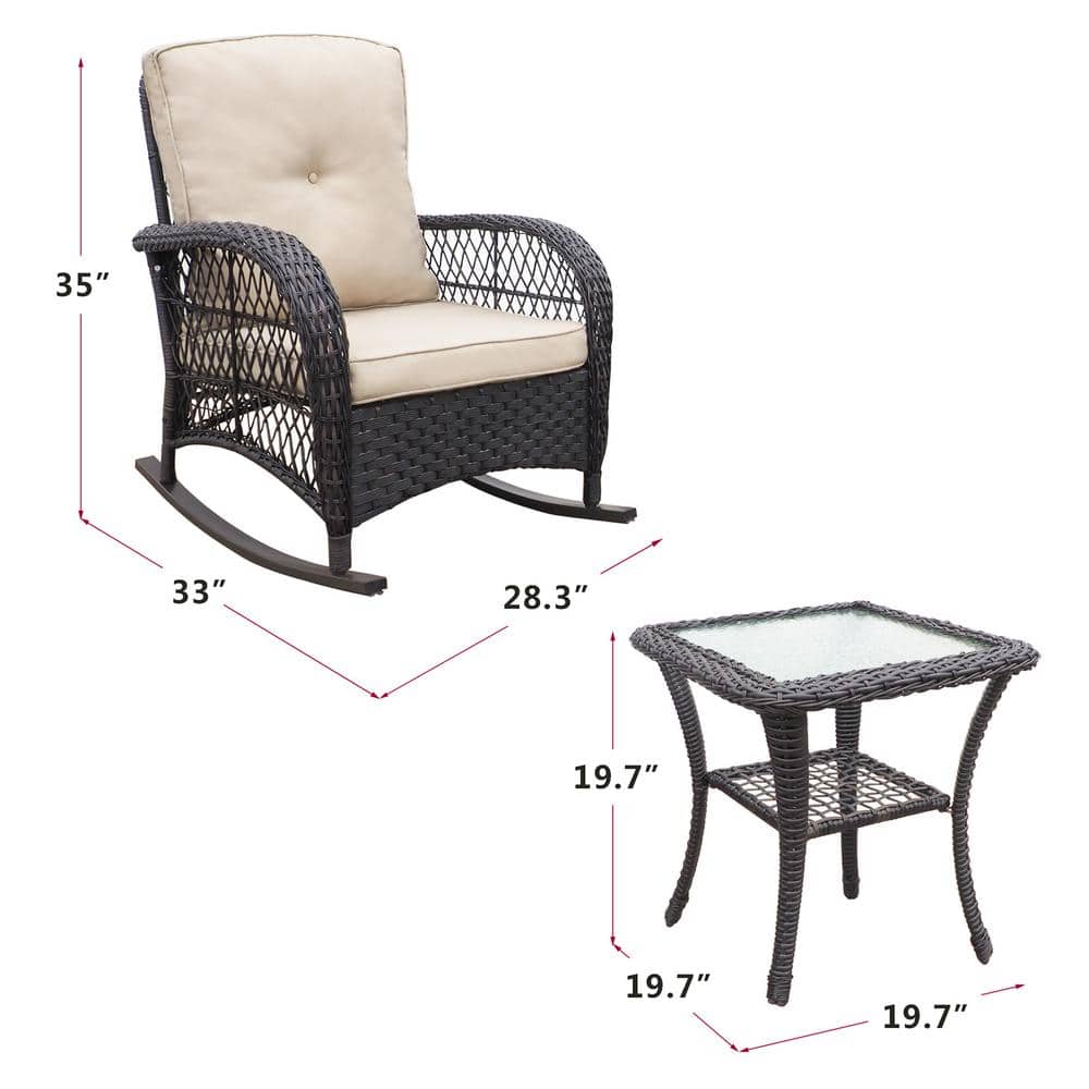 3-Piece Black Steel and Beige Wicker Rocking Patio Set with Cushions