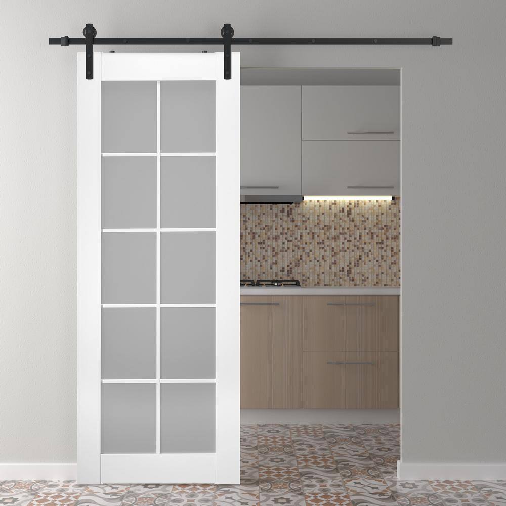 Polar White 10 Lite Frosted Glass Barn Door Kit with Black Hardware