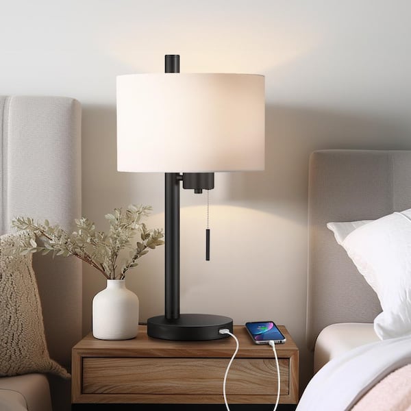 23 in. Black Modern Table Lamp with USB Port and White Linen Shade