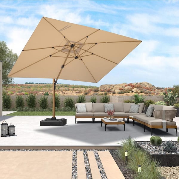 PURPLE LEAF 10 ft. x 13 ft. Outdoor Patio Cantilever Umbrella Teak Finished Offset 360° Rotation Umbrella in Beige