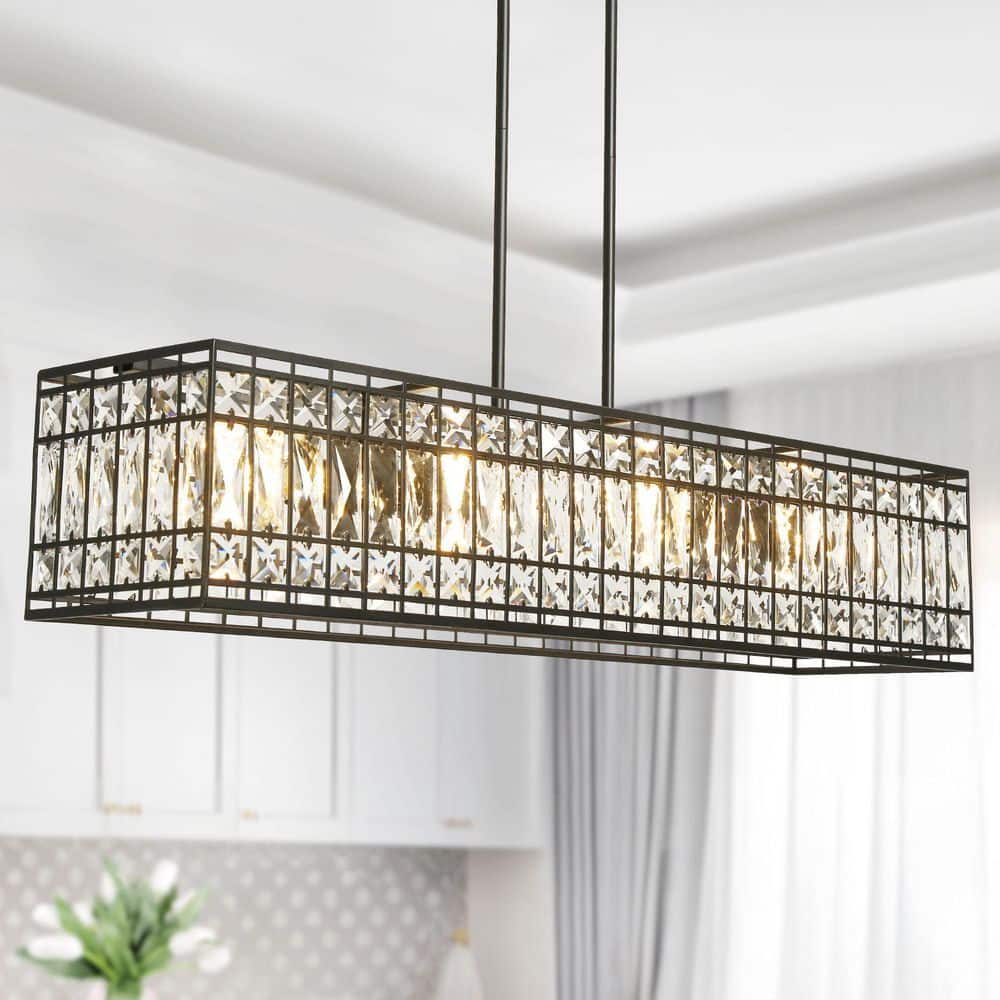 Cristallo 35.4 in. Modern 4-Light Black Island Chandelier with Glam Crystal Rectangle Shade, LED Compatible price history on PriceWatchPro