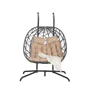 600 lbs Metal Outdoor Rattan Hanging Patio Swing Chair Patio Wicker Egg Chair with Black Stand and Khahi Cushions