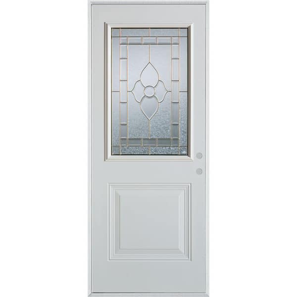 Stanley Doors 32 in. x 80 in. Traditional Patina 1/2 Lite 1-Panel Painted White Left-Hand Inswing Steel Prehung Front Door