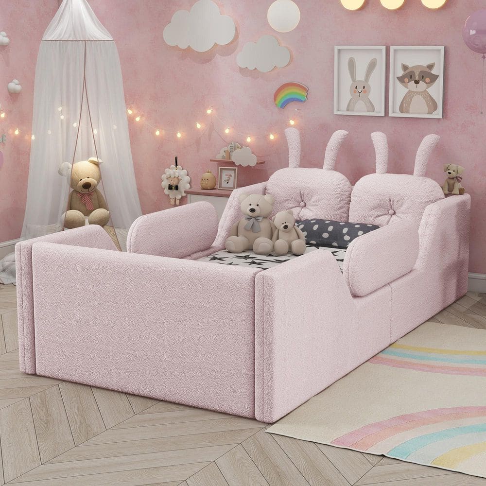 Rabbit Style Pink Teddy Upholstered Wood Frame Twin Floor Platform Bed, Kids Bed with Removable Side Rails
