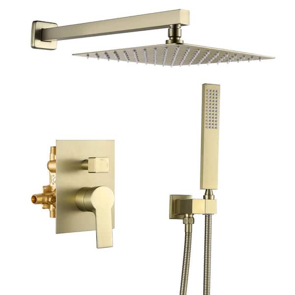 FLG Single-Handle 1-Spray Square Shower Faucet with 10 in. Shower Head and Hand Shower in Brushed Gold (Valve Included)