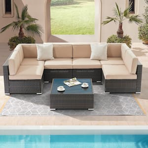 7-Piece Rattan Wicker Patio Conversation Sectional Seating Set with Sand Cushions